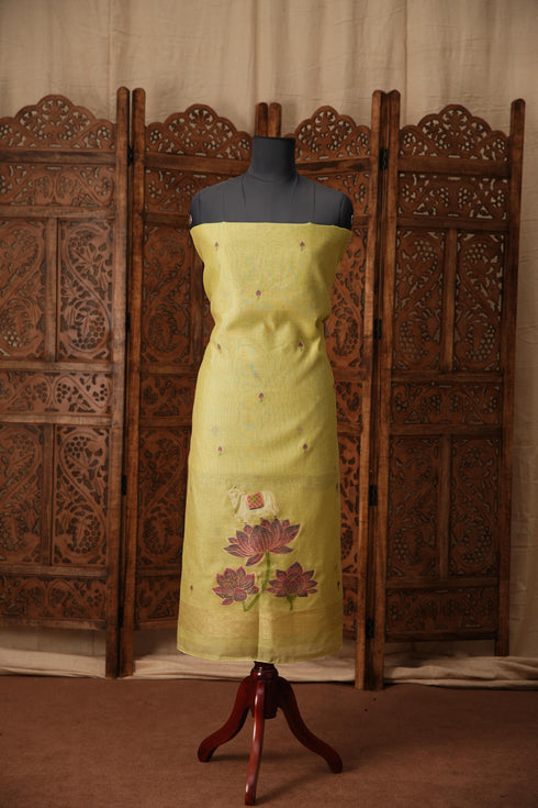 Contemporary Cow Green Muga Cotton Jamdani Unstitched Suit Set